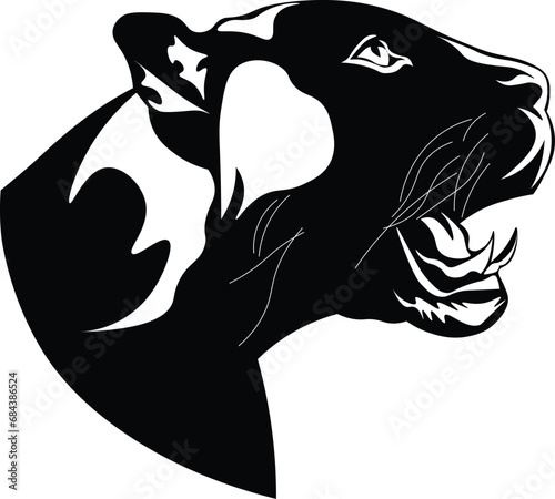 Cartoon Black and White Isolated Illustration Vector Of A Panther Cats Head with Mouth Open