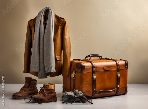 Elegance winter collection, Leather jacket and leather Suitcase, leather boot and scarf, jeans and leather wallet, slim fit, classic 