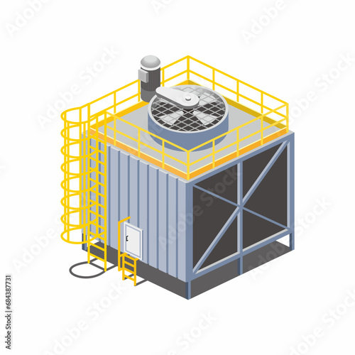 Isometric vector illustration of factory cooling tower. Big air conditioner for manufacture. Single and stand alone air temperature system with access ladder, door, fan, and motor.