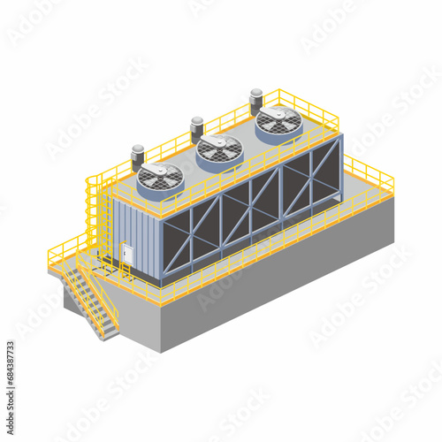 Isometric vector illustration of factory cooling tower. Big air conditioner for manufacture. Air temperature system with access ladder, door, fan, and motor.
