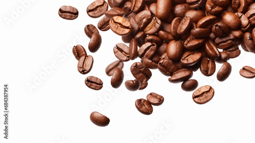 Le café, grain brun rôti, représente l'essence du matin. Ces grains de café, isolés en gros plan, révèlent leur texture et leur couleur foncée. Les flaveurs et l'arôme de l'expresso ou du moka, caféin