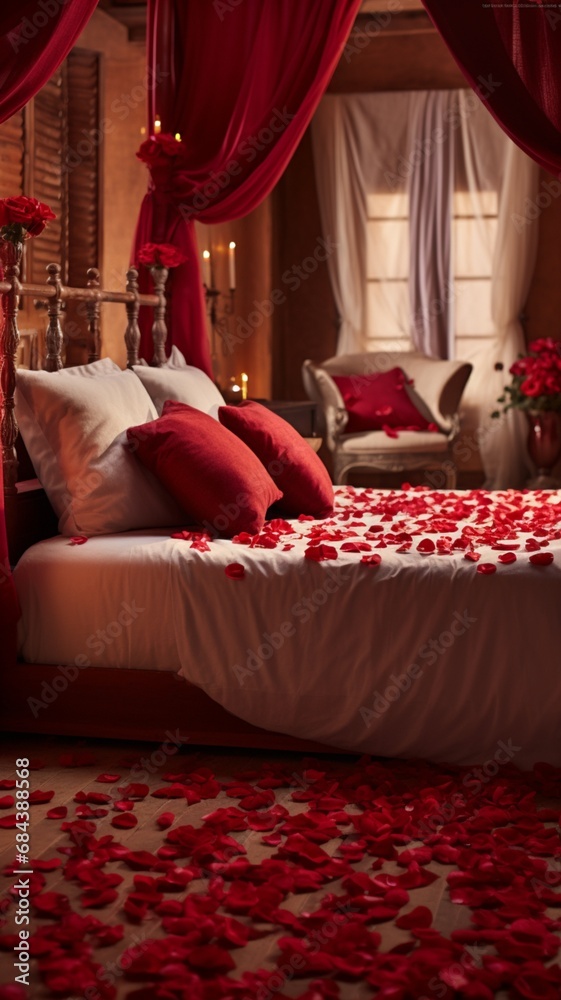 A Valentine's bedroom with a plush bed covered in red rose petals and heart-shaped cushions, creating a romantic ambiance.
