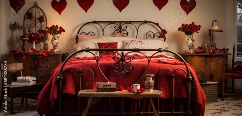 A vintage Valentine's bedroom with a classic iron bed, red roses in heart formations, and antique pestles.