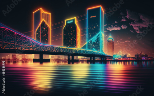 Futuristic Jacksonville, Florida, Cityscape Skyscraper, bridge at night