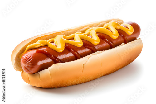 Close up of a hotdog in a bun with mustard and ketchup isolated on white. High quality photo.