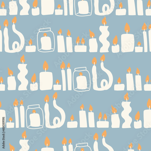 Candles hand drawn vector seamless pattern 2024. Burning candle repeat background  wallpaper  textile  fabric  cloth  package  wrap paper.