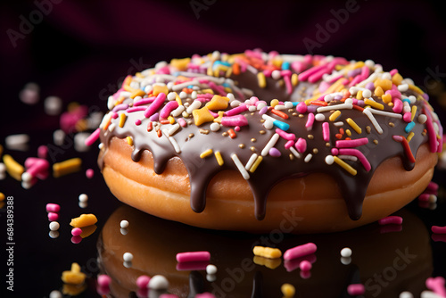 Chocolate icing on a delicious donut with colourful sprinkles