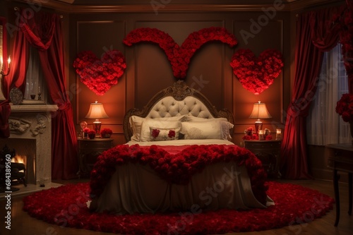 An elegant Valentine's bedroom with a grand bed, red roses in heart formations, and sophisticated pestles on display. © insta_photos/Stocks