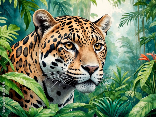 Jaguar painted in watercolor painting in green forest.