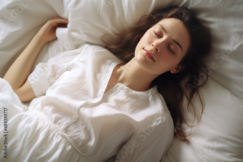 young beautiful woman sleeping on a white pillow in bed