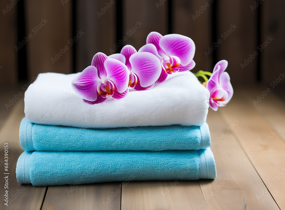 A clean soft Spa Towels with flowers on it, message elements, bathroom A clean soft Spa Towels with flowers on it, message elements, bathroom