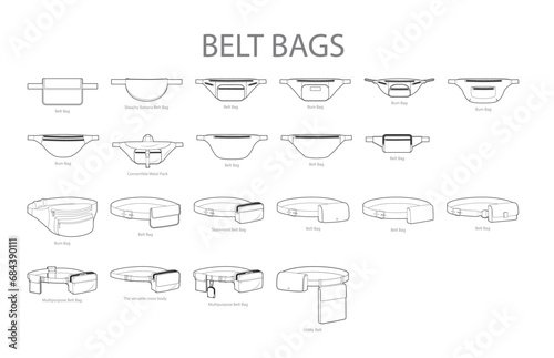 Set of Belt Bum silhouette bags. Fashion accessory technical illustration. Vector satchel front 3-4 view for Men, women, unisex style, flat handbag CAD mockup sketch outline isolated