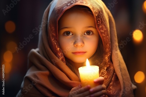 Portrait of a cute, lovely little girl with a headscarf holding a candle in a church photo