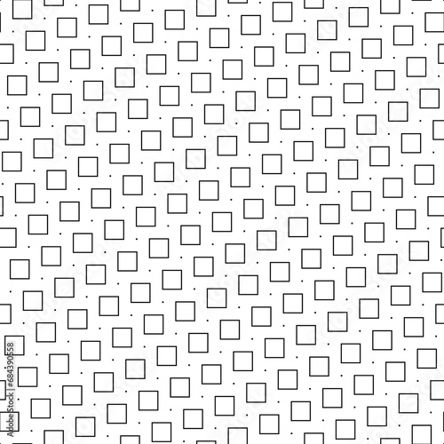 Black repeated stylized squares on white background. Checks wallpaper. Seamless surface pattern design with symmetrical blocks ornament. Mosaic motif. Digital paper with quadrangles for print. Vector.