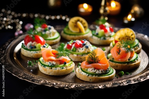 Gourmet canapés with smoked salmon and colorful garnishes on an ornate golden tray
