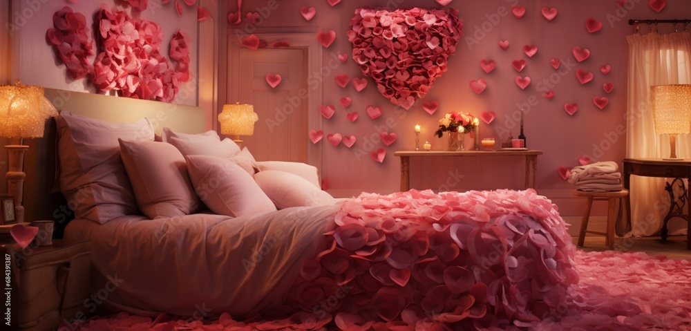 A cozy bedroom with soft pink walls, a bed covered in red rose petals forming a heart shape, under warm, ambient lighting.