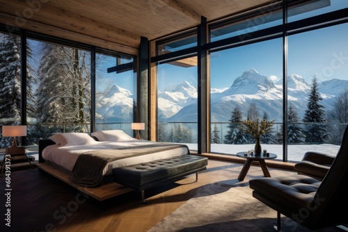 Luxurious mountain view bedroom with plush bedding and modern decor