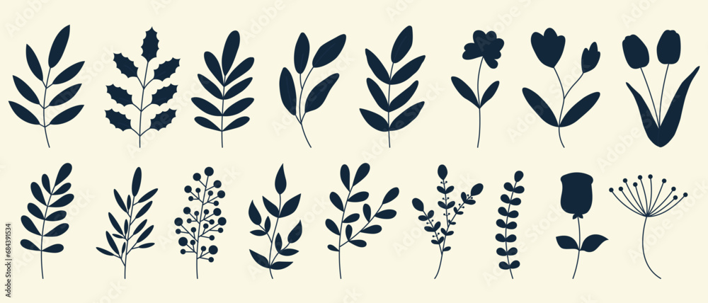 Vector set of silhouettes of flowers and branches with leaves. Minimal botanical design elements. Vector illustration - obrazy, fototapety, plakaty 