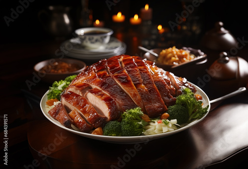 Delicious Traditional Peking Duck Breast with Vegetables in a Chinese Restaurant photo