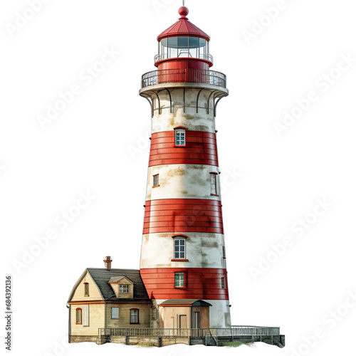 Red and White Striped Lighthouse Next to a House on transparent background