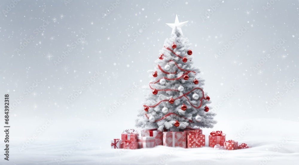 Snowy Christmas scene with decorated tree and red wrapped gifts