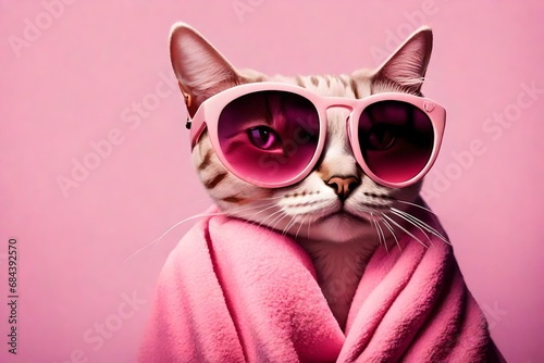 a cute cat wearing a towel and sunglasses in a pink towel, in the style of pop inspo, in the style of enigmatic