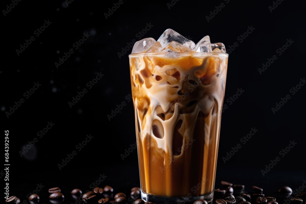 Iced coffee with swirling milk in a glass, coffee beans scattered Iced coffee with swirling milk in a glass, coffee beans scattered