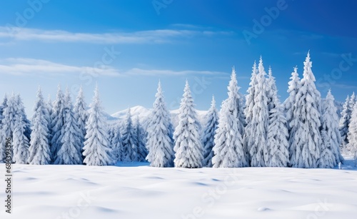 Breathtaking winter landscape with snow-covered trees under a clear blue sky, untouched snow blanketing the ground