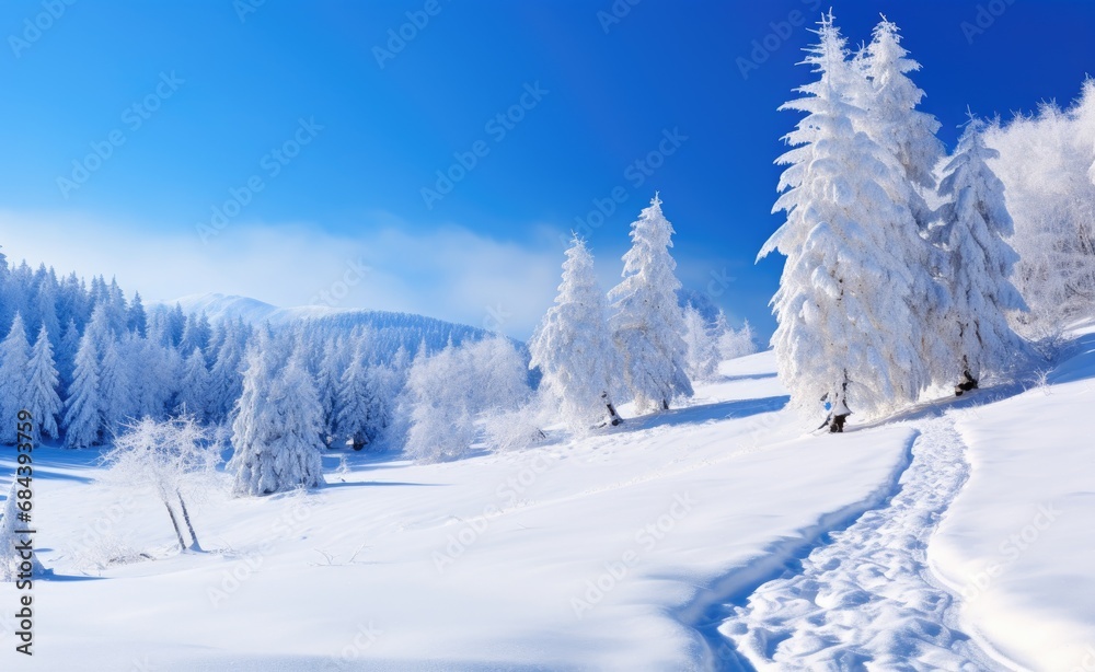 Obraz premium A path of footprints leads through a pristine snowscape surrounded by frosted pine trees under a radiant blue sky