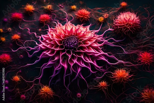 dreaming of a Dahlia dissipating into a colorful neuron, combine dark synth and diffusion styles enhancing the- photo