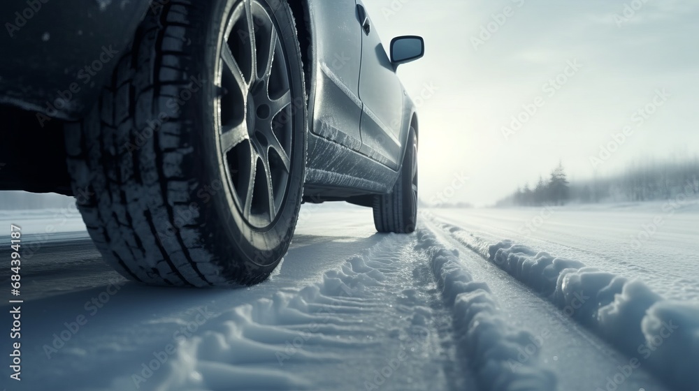 Winter tire on snow and ice road advertisement for safety and background space for text. Car concept. Tire concept. Road concept. Repair concept.