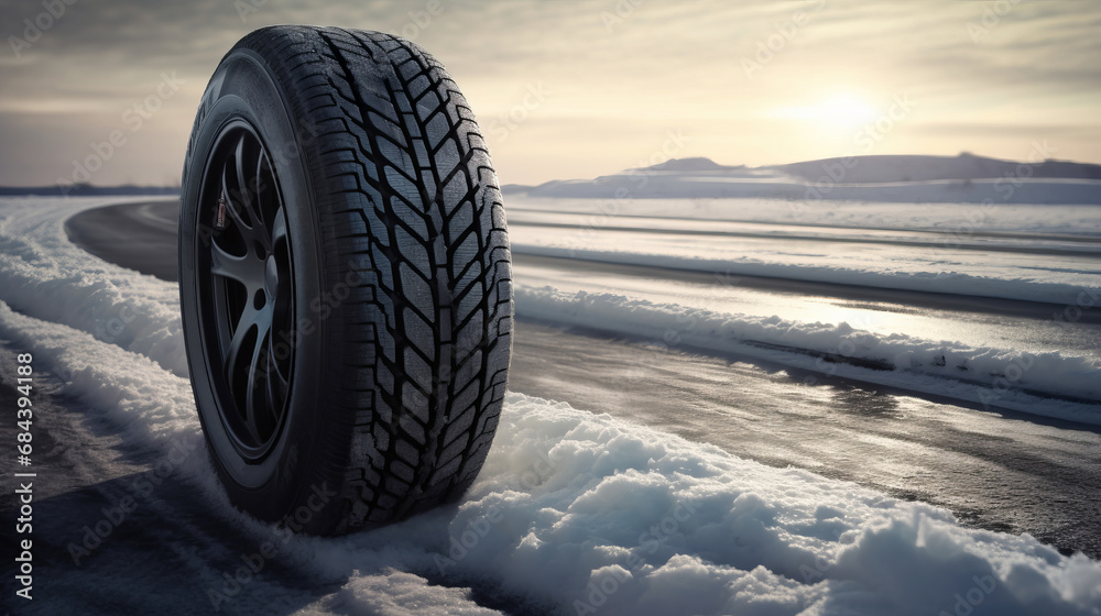 Winter tire on snow and ice road advertisement for safety and background space for text. Car concept. Tire concept. Road concept. Repair concept.