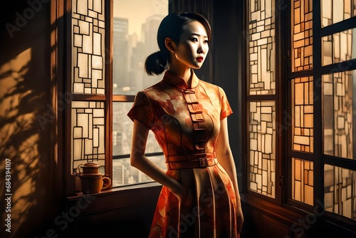 Chinese woman with short dress stand beside a window, warm light, in the style of graphic novel inspired photo