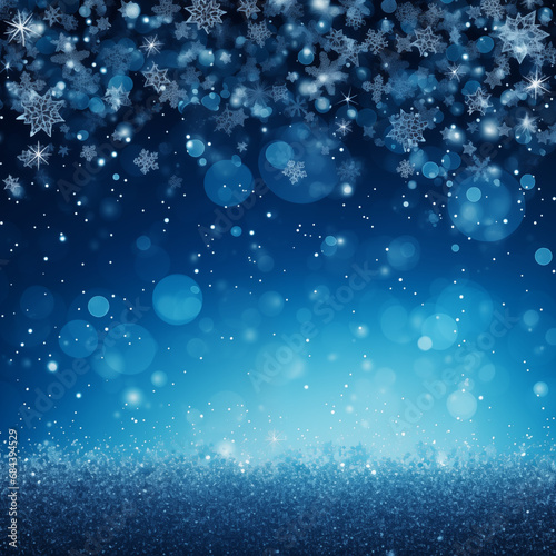 Christmas and New Year background with abstract snowflakes on blue bokeh background. Christmas greeting card. Created using generative ai tools.