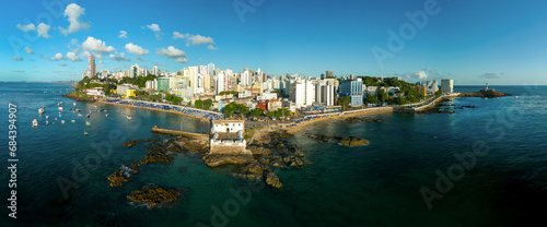 Vista Aérea do Forte de Santa Maria e Farol da Barra na cidade de Salvador, Bahia, Brasil