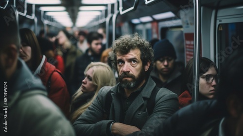 Commuters in a Crowded Subway Car. Generative ai