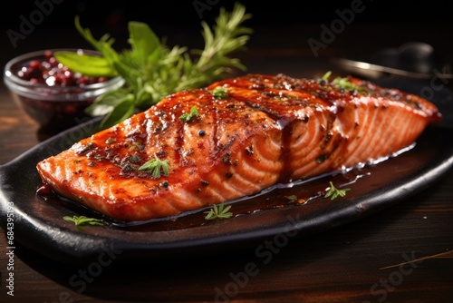 Succulent grilled salmon fillet with herbs and a balsamic glaze on a dark plate