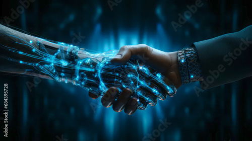 Business handshake of man and robot, warmly greeting each other, reaching an agreement in office on dark blue sparkling background. The concept emphasizes technological progress.