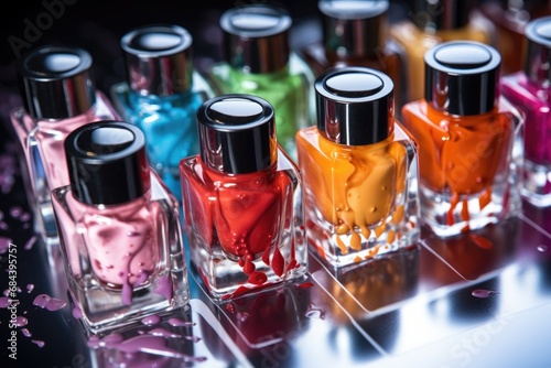 Various nail polish bottles spilling vibrant colors photo