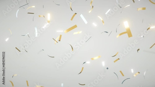 Golden and silver confetti party popper falling on light background, 4K greeting holiday animation photo