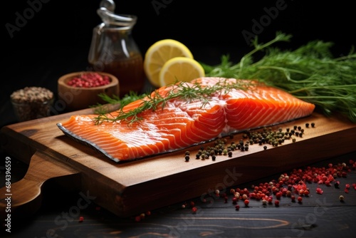 Sliced piece of salmon with tomatoes and fresh herbs on a wooden base photo