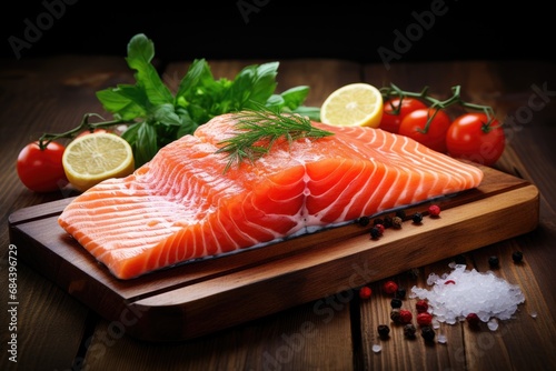 Sliced piece of salmon with tomatoes and fresh herbs on a wooden base