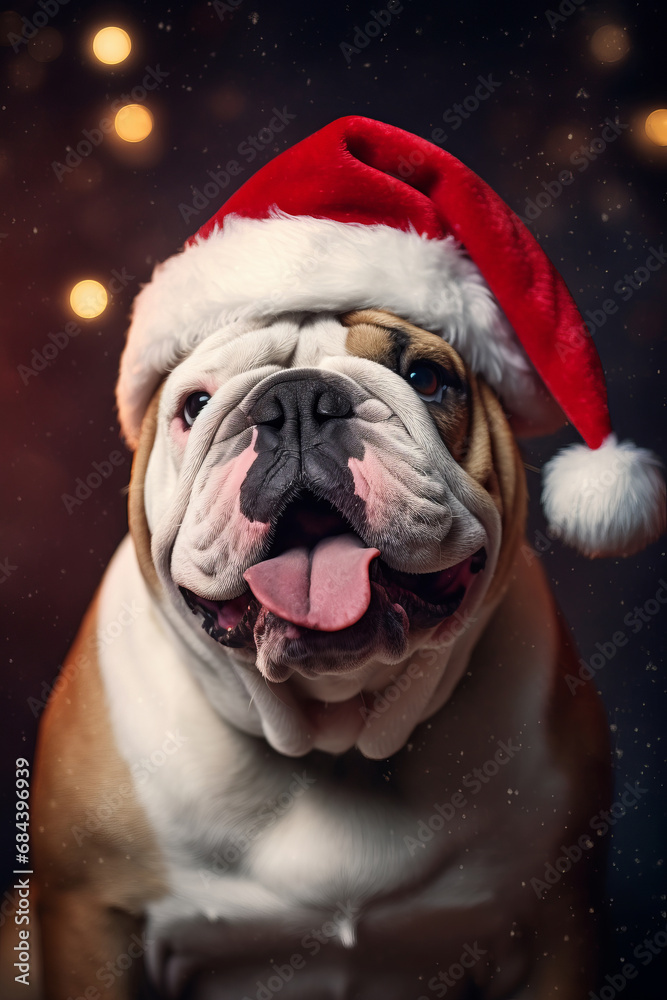 French bulldog in a Santa Claus hat, puppy or dog celebrating Christmas