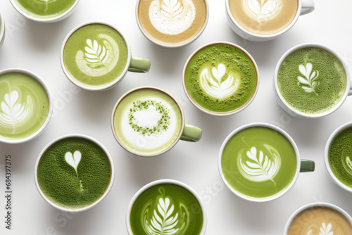 Many matcha and turmeric lattes in mugs with latte art overhead view photo