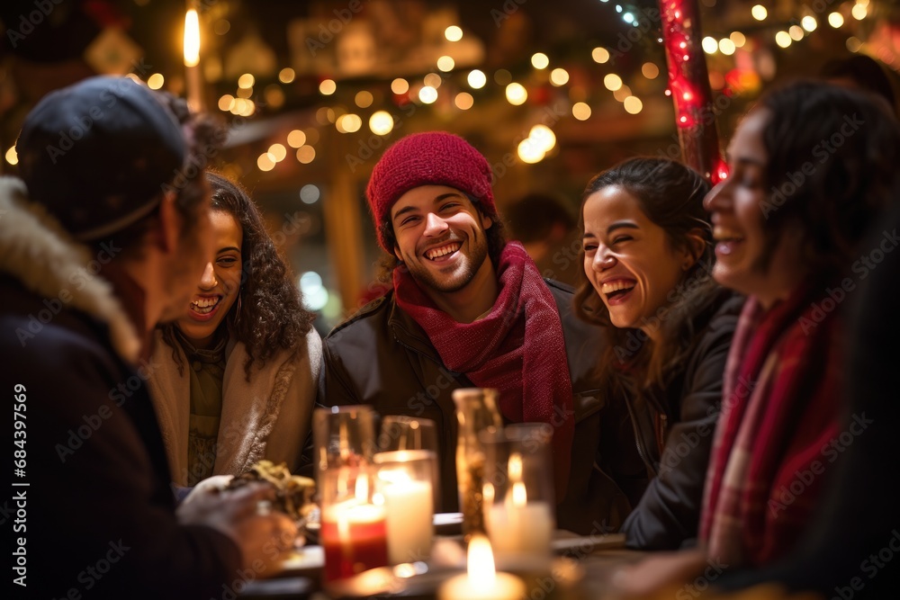 Friends enjoying a Christmas market in the evening