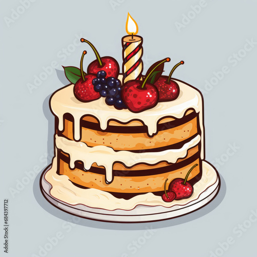 Birthday cake with berries and candles with frosting drips, sticker style illustration