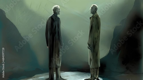 Two distant figures standing side by side a simmering hostility detectable beneath the seemingly congenial Psychology emotions concept. .