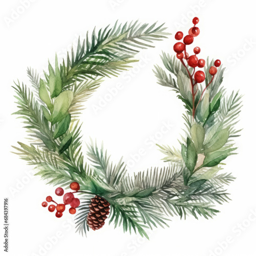 Christmas wreath watercolor illustration, red and green festive wreath