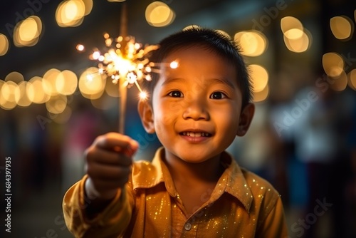cute little asian child boy holding a sparkler outdoors at night on winter time, snow falling, kid on Christmas and happy new year celebration