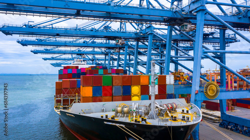 Container ship in export and import business and logistics, Container ship berthing port.